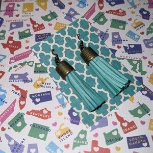 Turquoise tassel earrings faux‎ suede brass NEW handmade